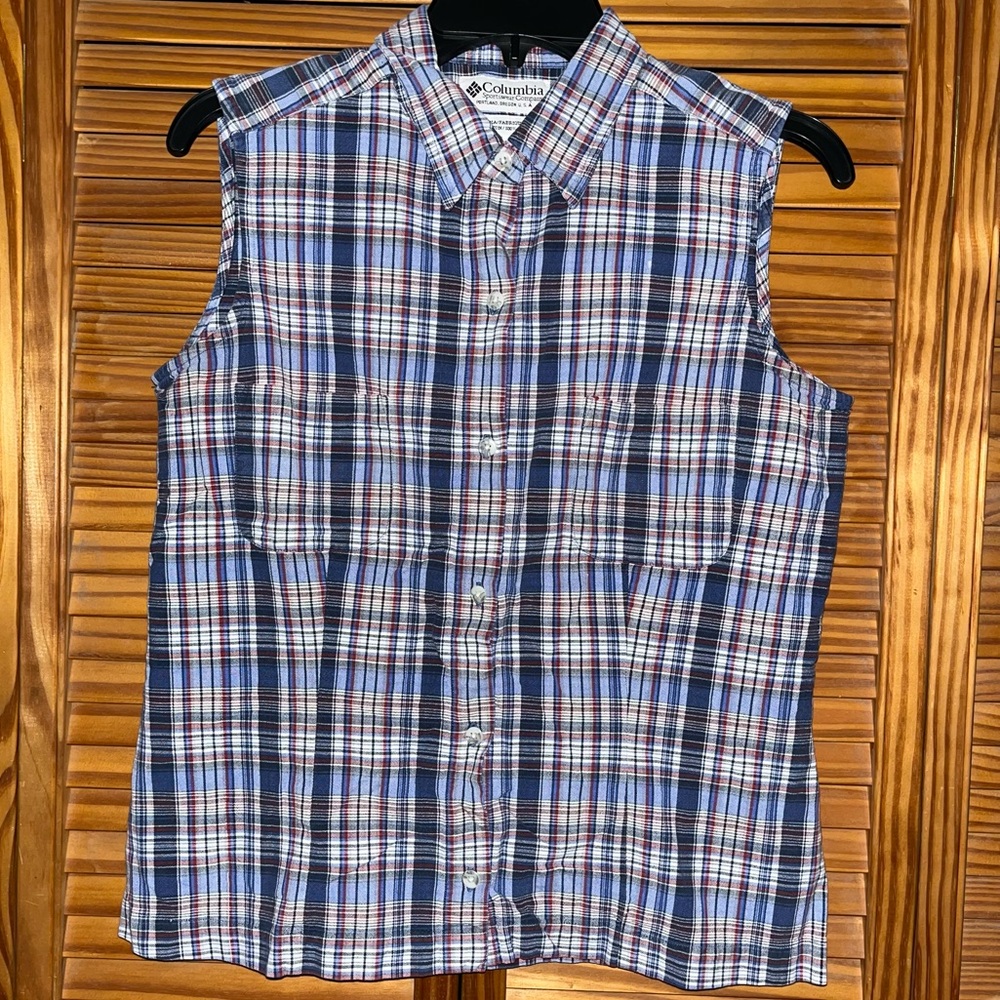 Columbia Sleeveless‎ Button Front Collar Blue and Red Plaid Shirt Size Large